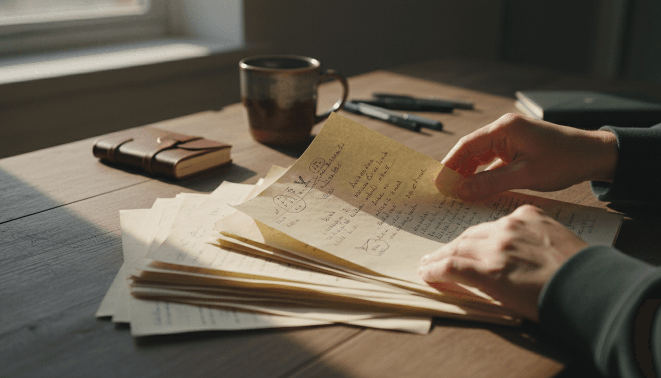 Hands flipping through handwritten research notes on a desk