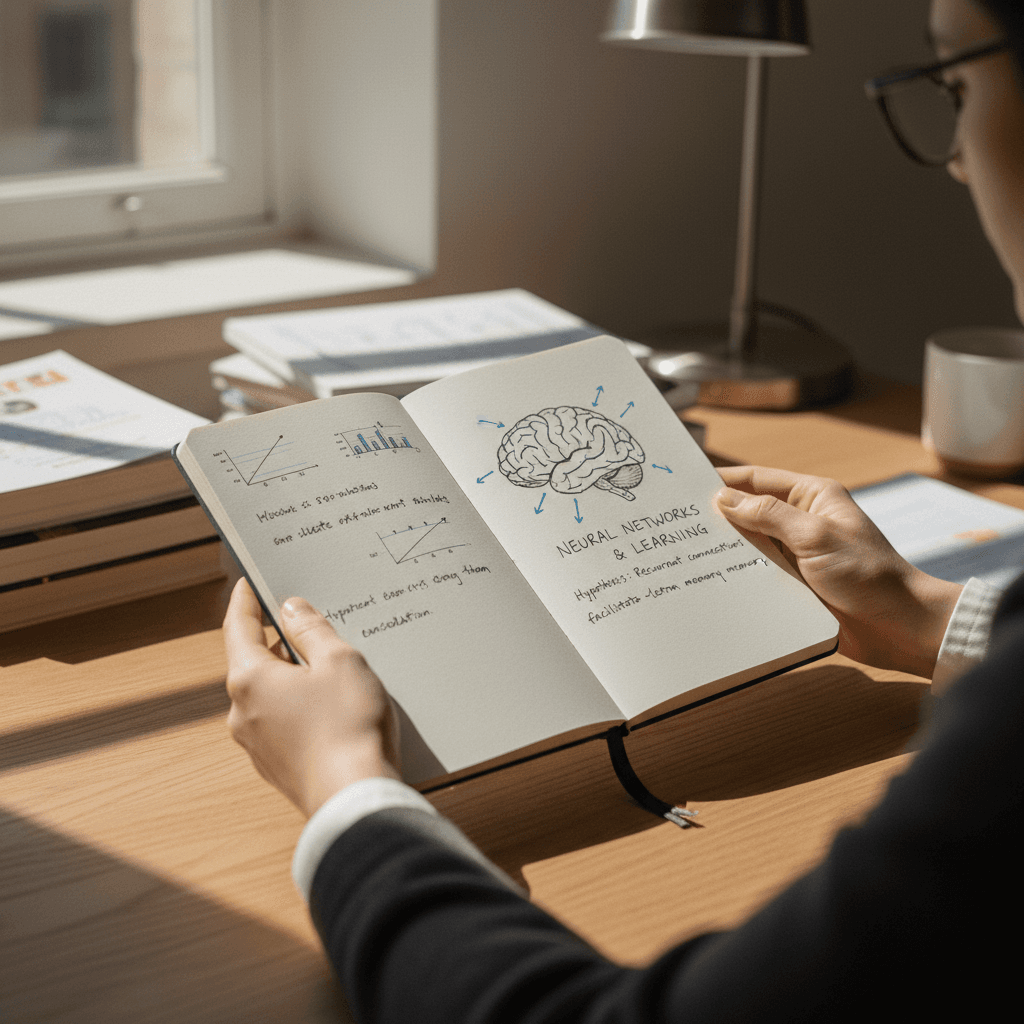 Researcher's hands reviewing notes on a wooden desk with coffee cup and bookshelf in background